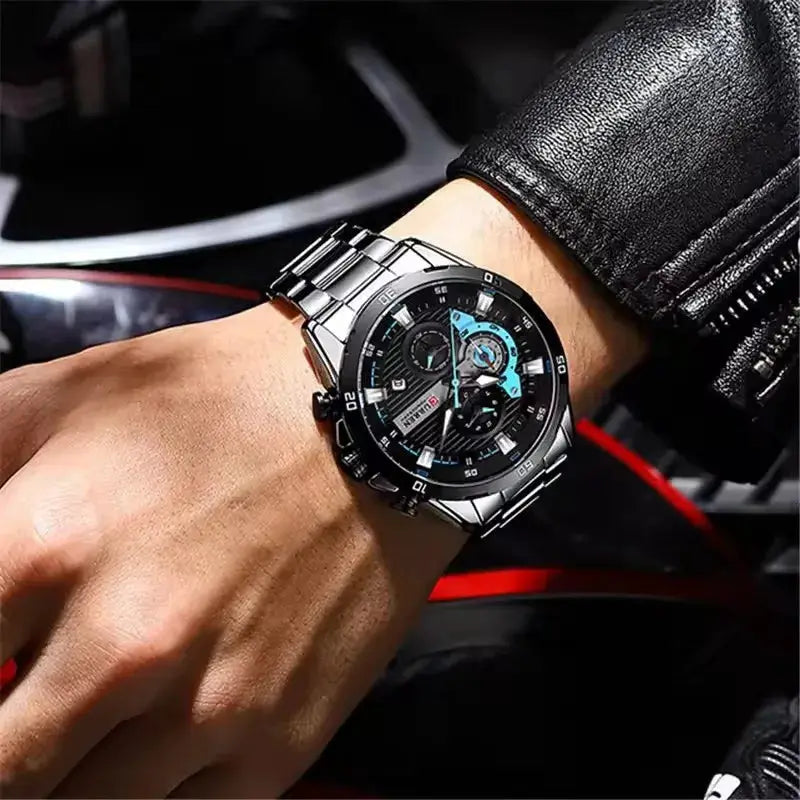 CURREN 8402 stainless steel men's chronograph watch with luminous dial and blue accents