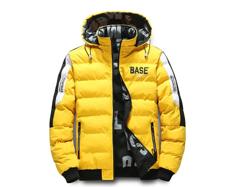 DIMUSI yellow padded winter jacket with hood, black zippers, BASE logo on chest, Simples Market