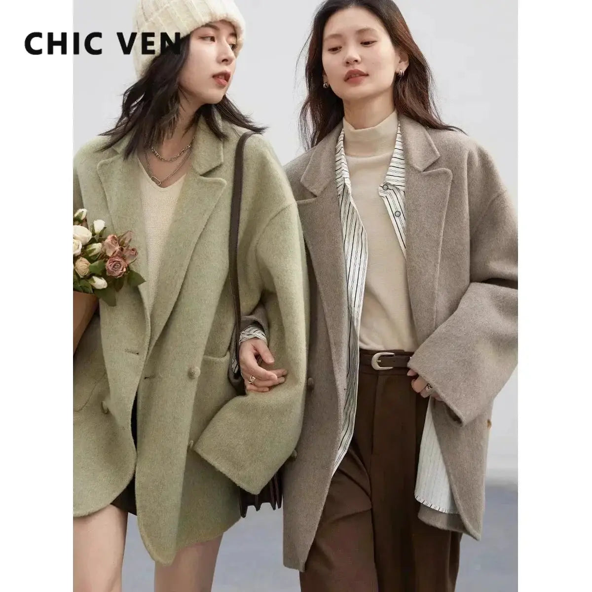 Chic Ven Womens Woolen Coat Loose Casual Fit Retro Double Breasted Outerwear For Autumn And Winter