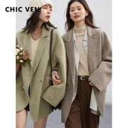 Chic Ven Womens Woolen Coat Loose Casual Fit Retro Double Breasted Outerwear For Autumn And Winter