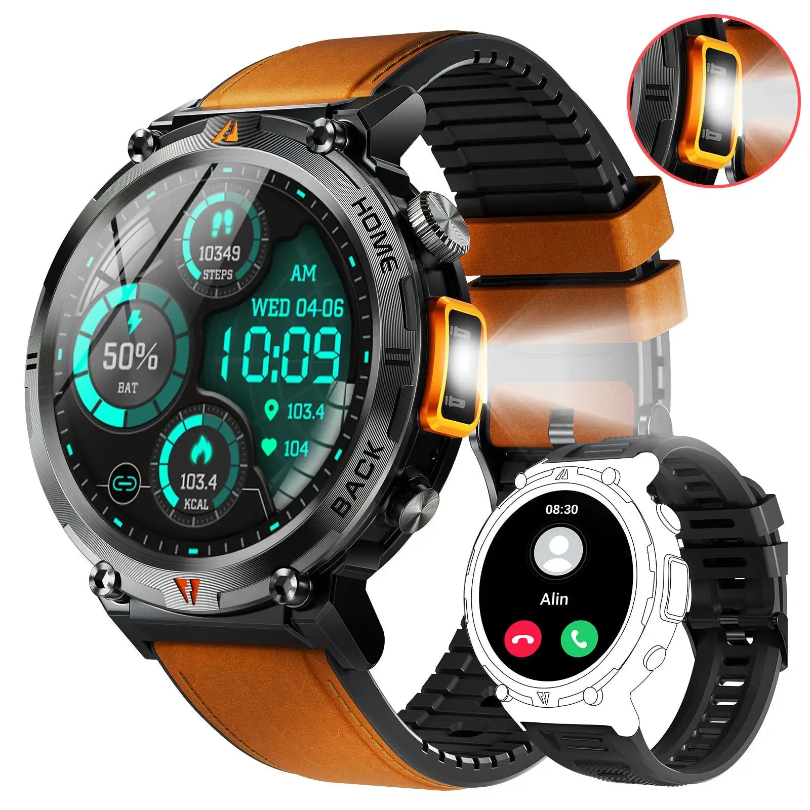 Smartwatches (2): black full-touch smartwatch with orange-brown leather strap and white/silver circular smartwatch