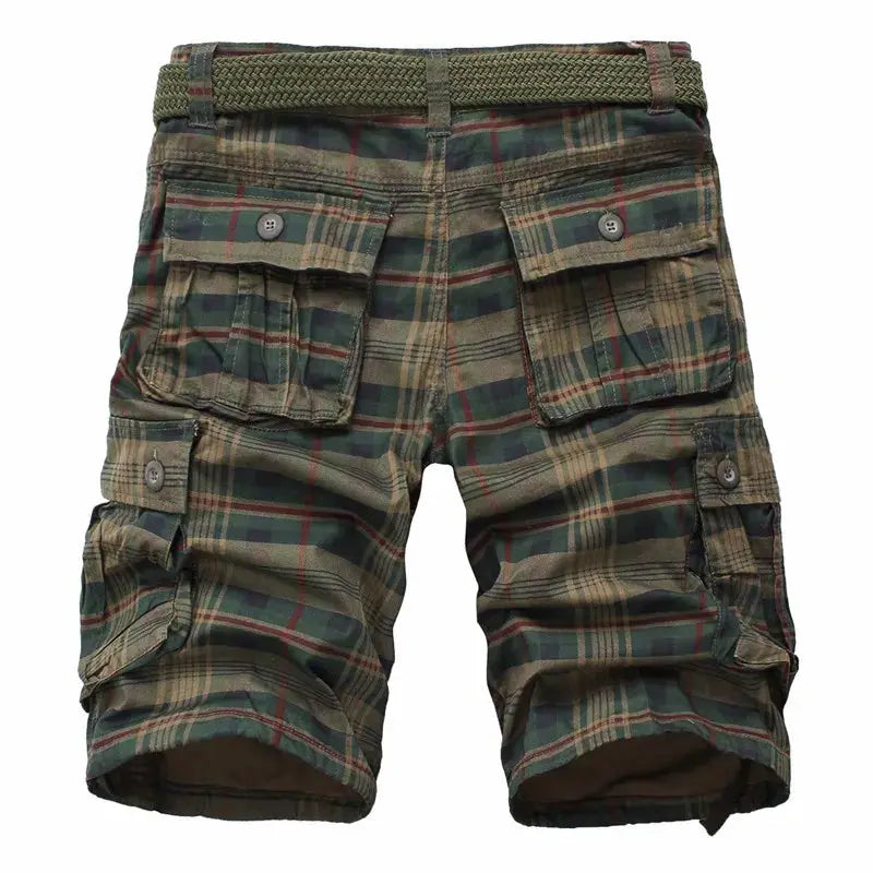 Men's green-tan plaid cargo shorts with multiple pockets and a belt