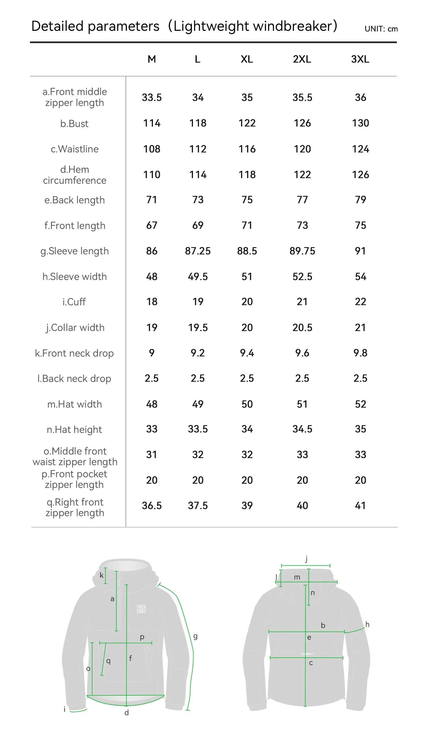 ROCKBROS cycling waterproof windbreaker jacket with detachable pocket; size chart and front/back diagrams