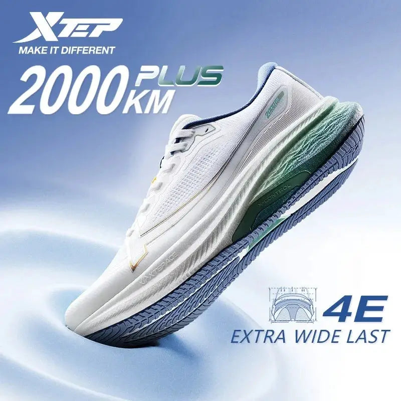 Xtep 2000KM Plus running shoes, white upper with green/blue sole, anti-slip wear-resistant men's training sneakers