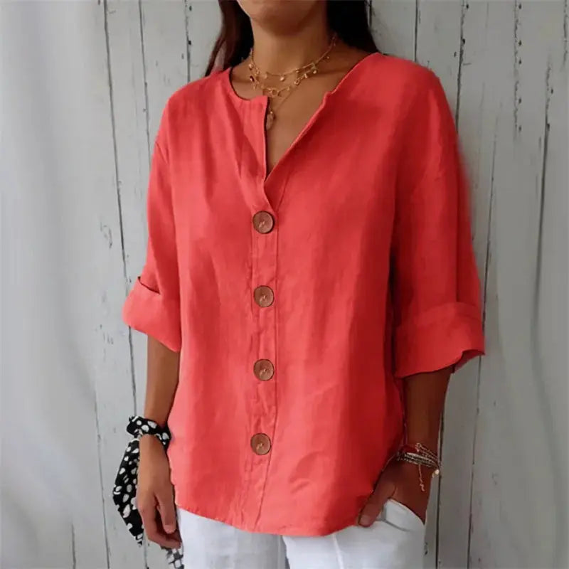 Simples Market Summer loose shirt for women, coral V-neck cotton-linen button top with rolled sleeves
