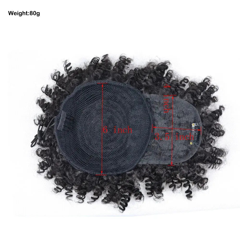 Afro Puff Updo Drawstring Ponytail Wig with Bangs, black kinky-curly synthetic hair