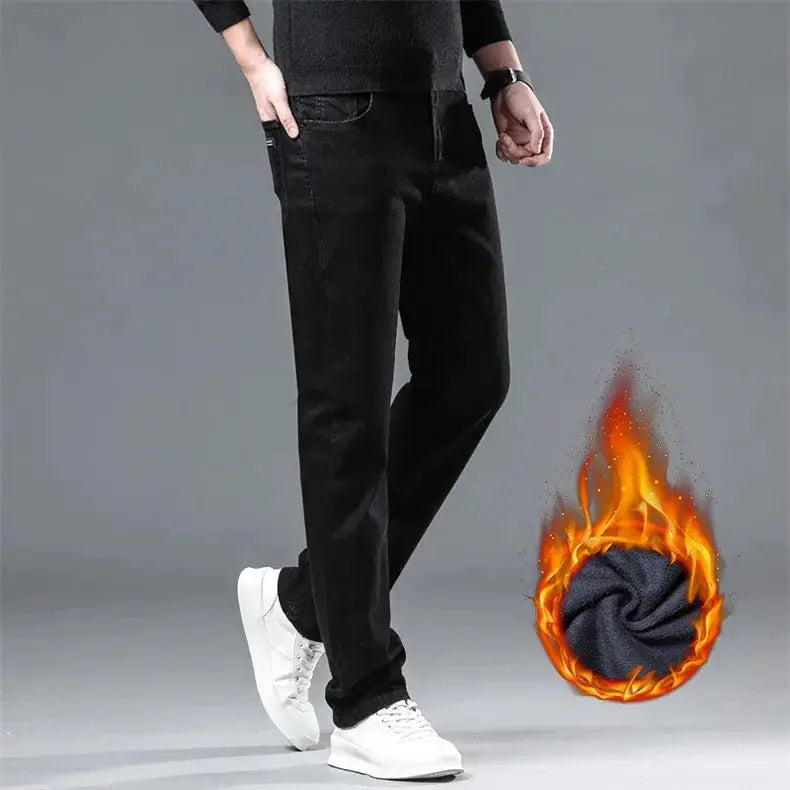 Simples Market men's black fleece-lined straight-leg denim pants; warm winter jeans