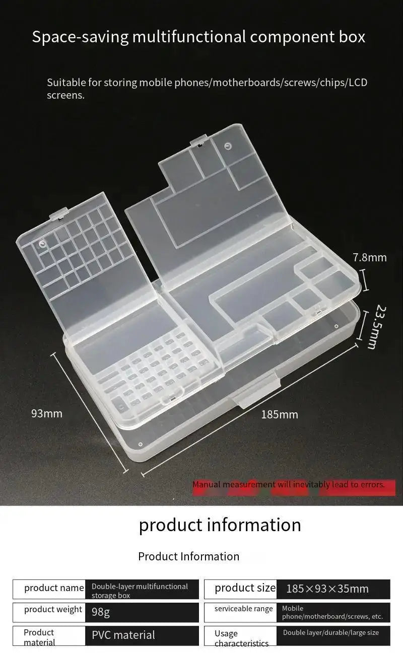 Double-layer PVC storage box for phone repair with clear grid compartments (185×93×35mm)