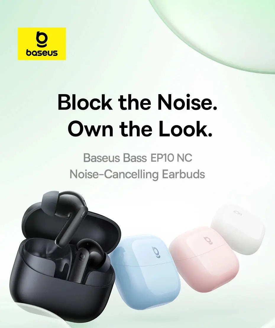 Baseus Bass EP10 NC true wireless earbuds with charging case; black model with blue, pink and white variants visible
