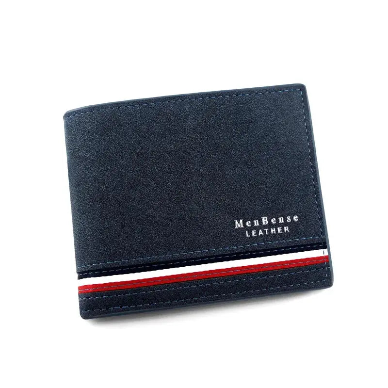 Men's slim wallet in navy PU leather with red white stripe accent and MenBense Leather branding