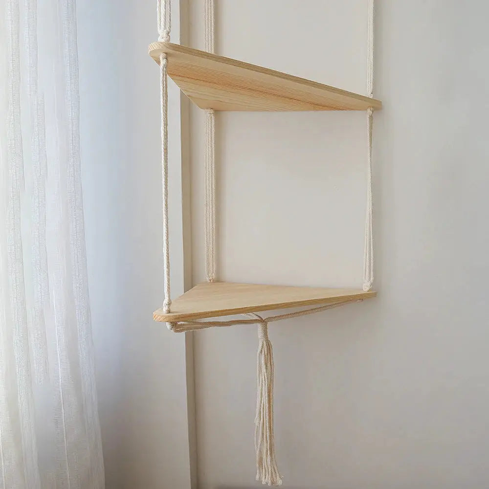 Two-tier wooden triangle wall shelf with rope hanging for boho decor