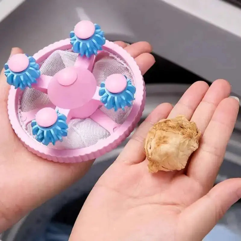 Washing machine filter bag pink with blue rotating bristles and mesh net by Simples Market
