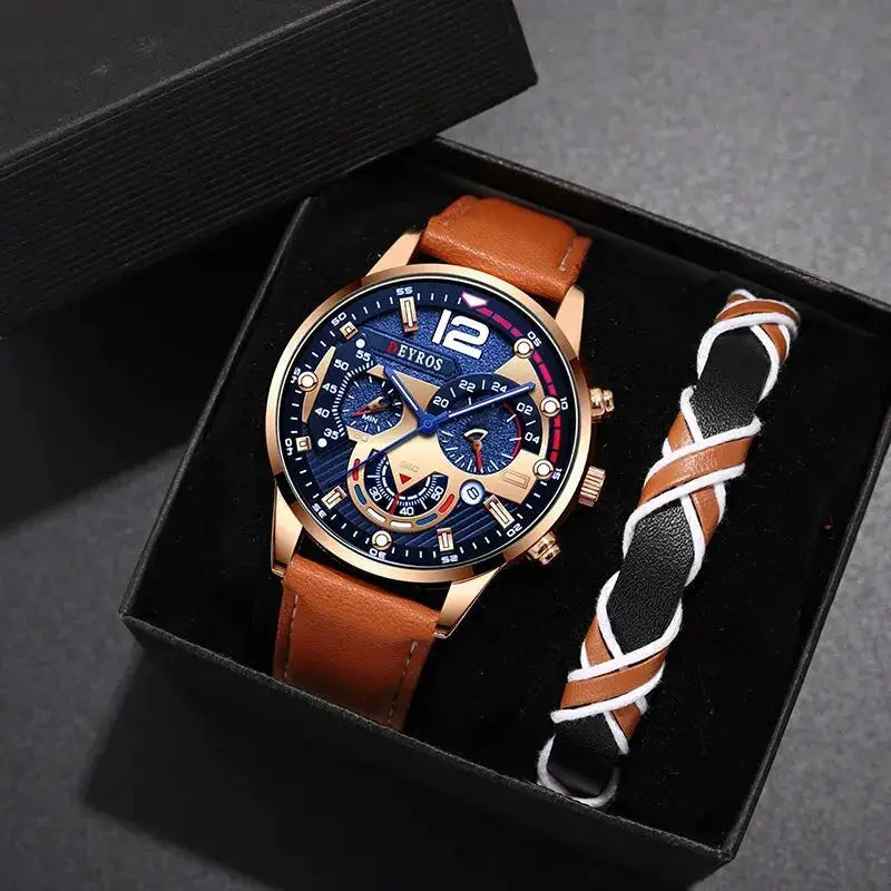 Two Piece Set Fashion Mens Calendar Watches Luxury Business Casual Brown Leather Strap Quartz Wristwatch