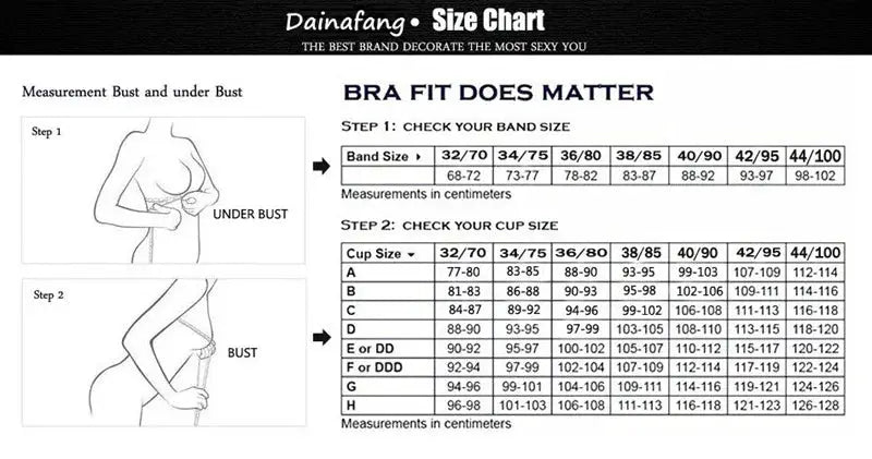 Simples Market bra size chart showing under-bust and cup-size table for bands 32–44 and cups A–H