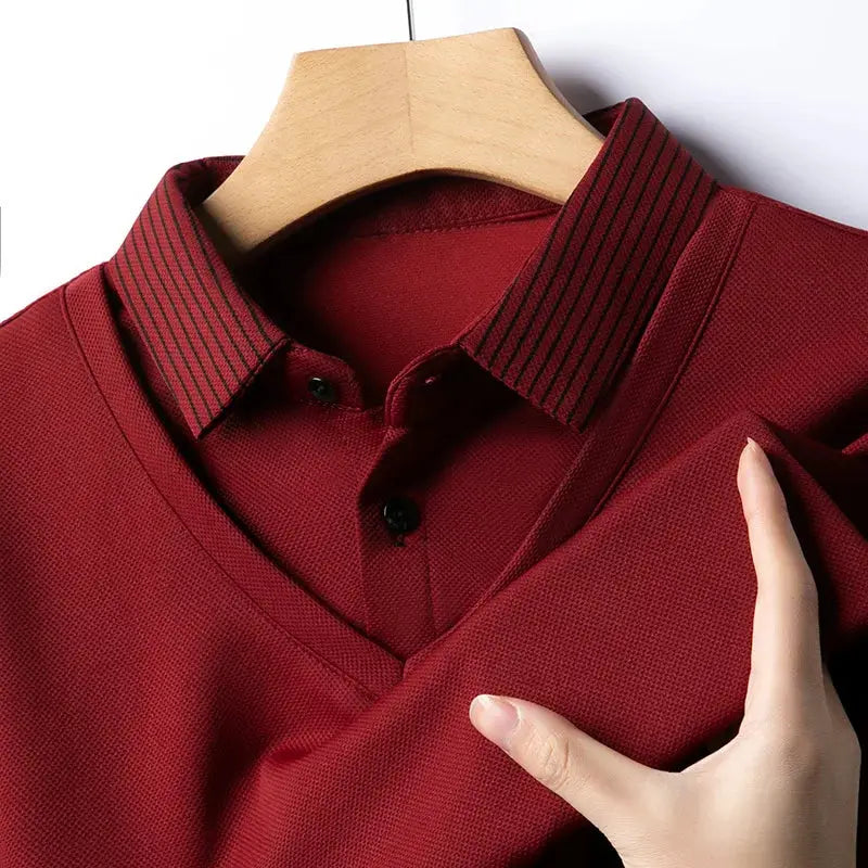Men's red long-sleeve polo shirt with striped collar and textured knit