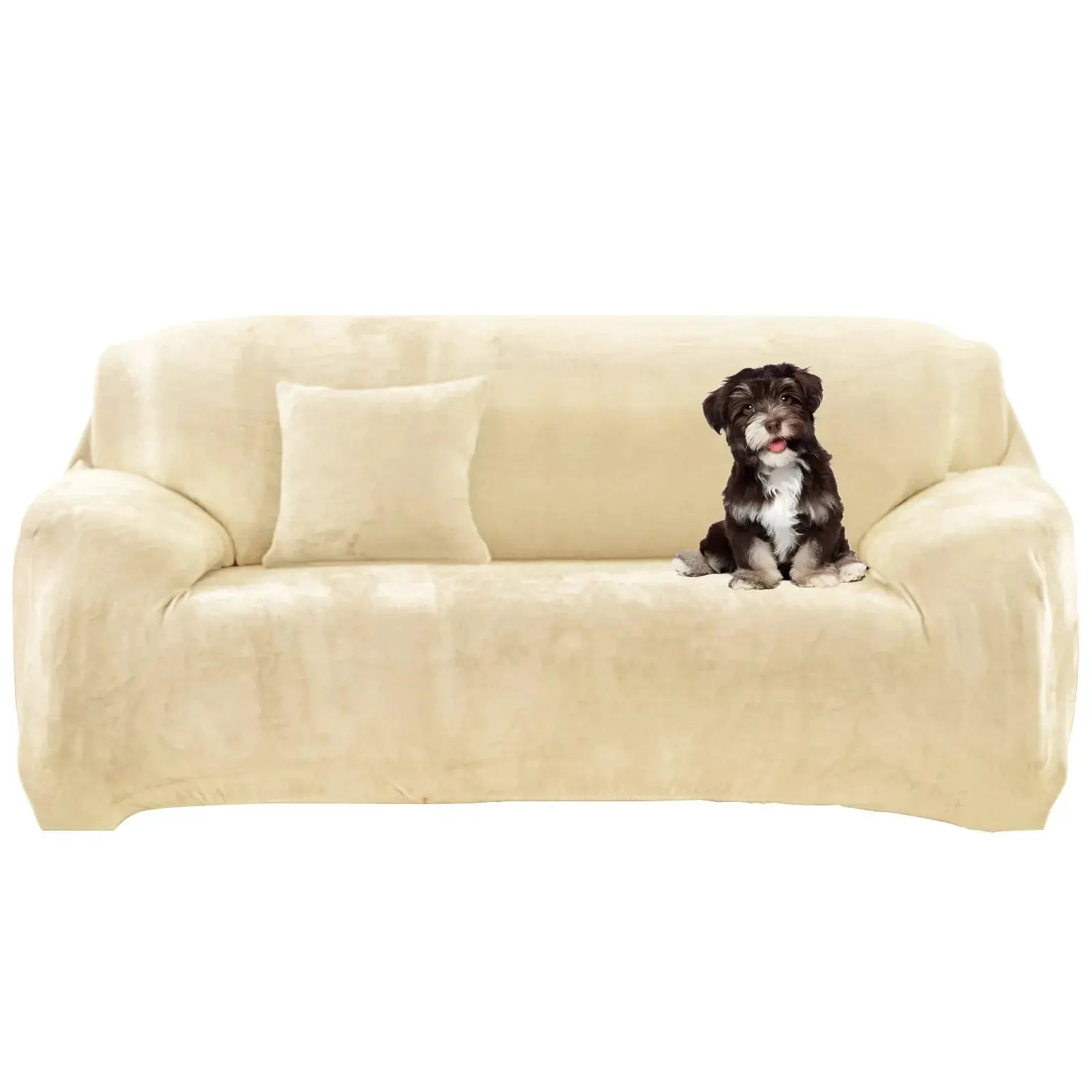 Stretch Velvet Sofa Cover for 1-4 seat couches; beige, soft velvet with non-slip elastic bottom