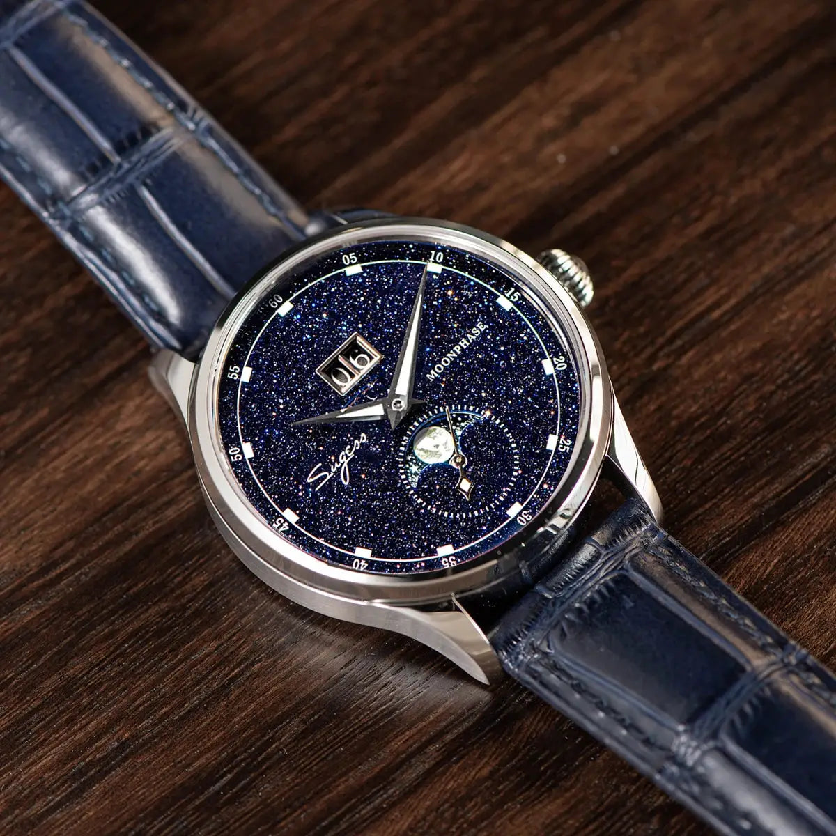 Sugess Moonphase watch with starry blue dial, limited edition, stainless steel case, blue leather strap