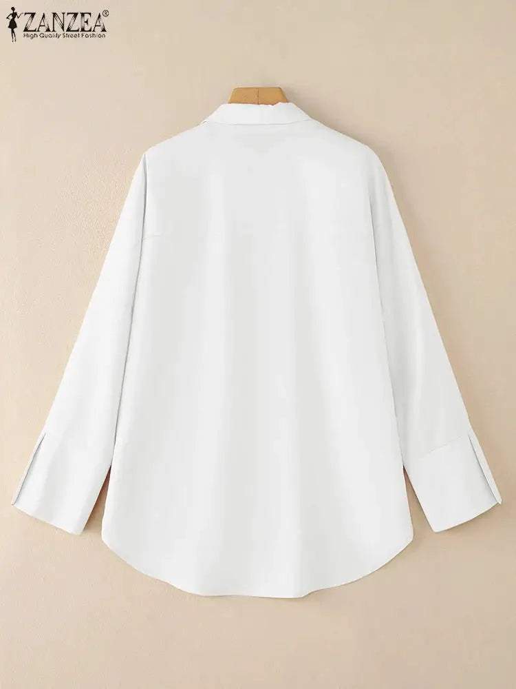 ZANZEA oversized white shirt, back view, turn-down collar, long sleeves with wide cuffs, high-low hem