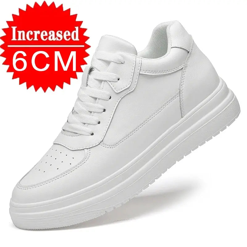 Men's white leather elevator sneakers by Simples Market with 6 cm height increase