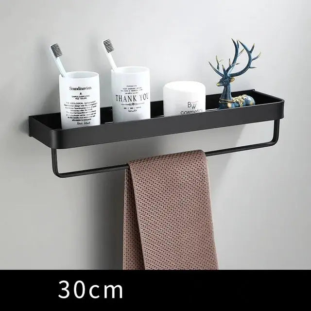 Bathroom shelf black aluminum wall-mounted corner rack 30cm with 3 white containers and towel