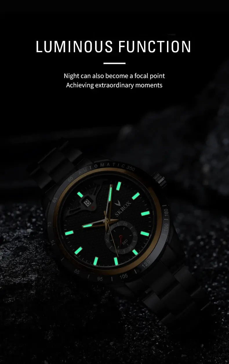 SKROX black stainless steel men's watch with automatic movement and green luminous markers