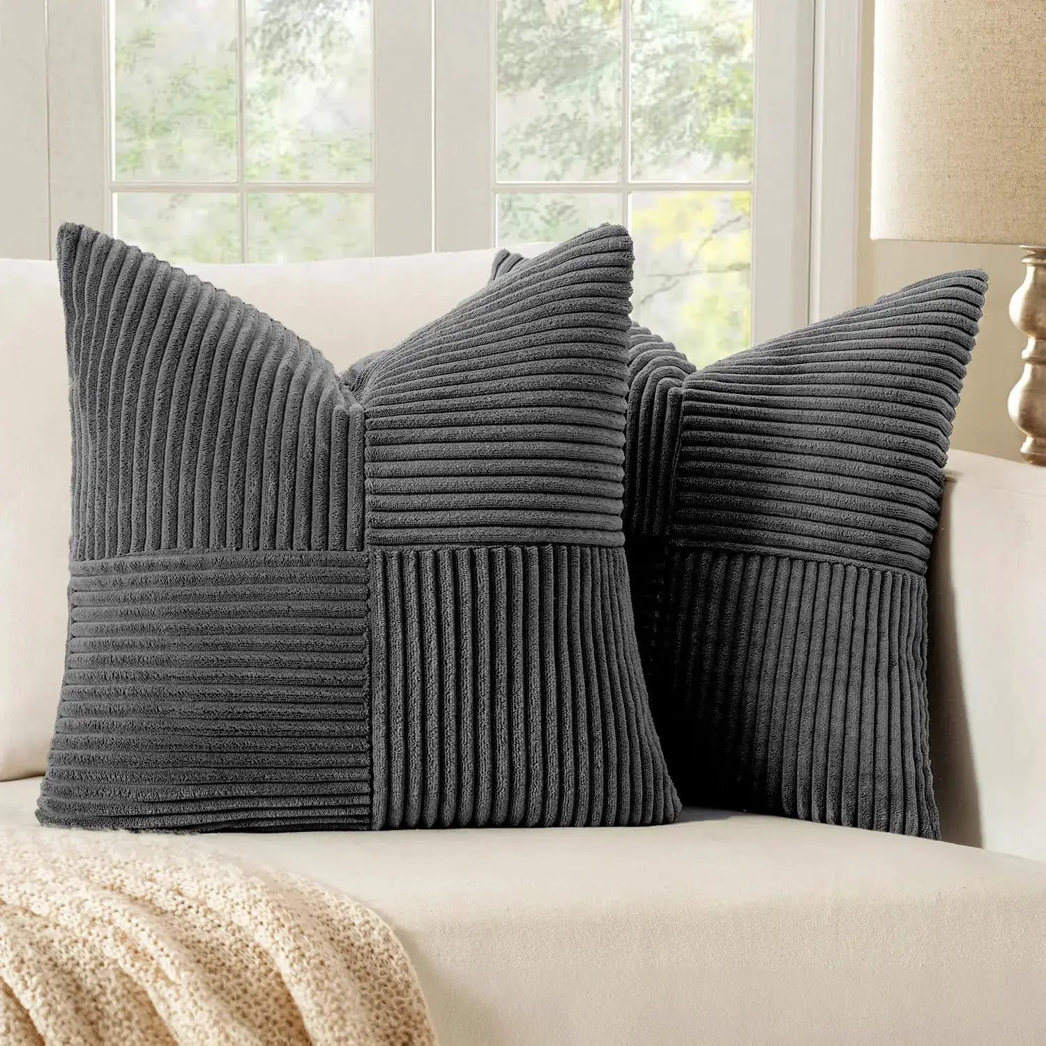 Simples Market dark gray corduroy boho patchwork throw pillow covers, 18x18, set of 2