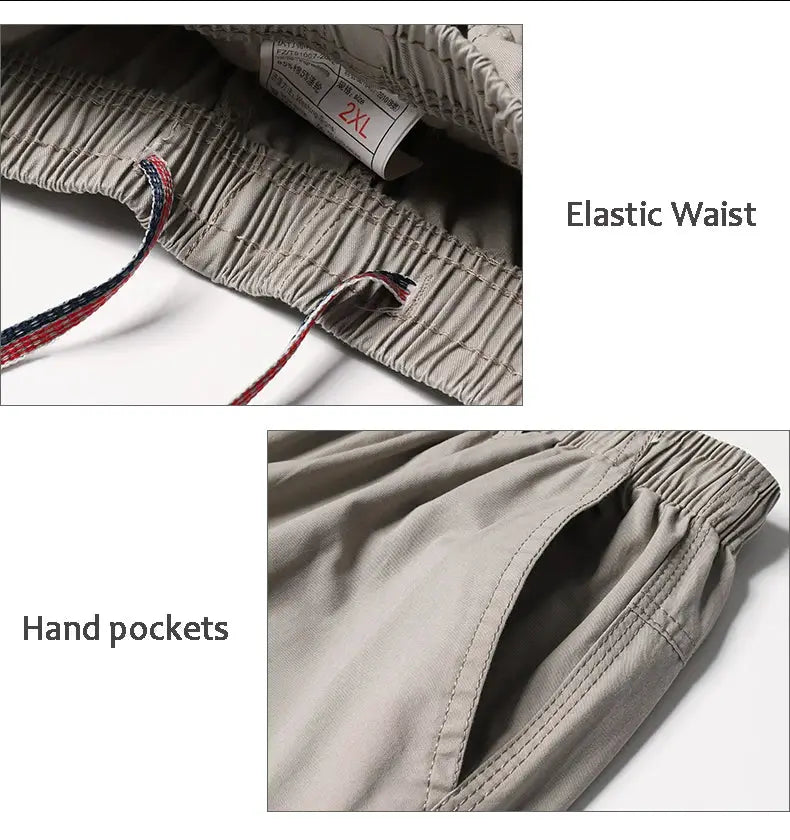 Simples Market men's cargo pants with elastic waist and drawstring, beige cotton fabric, hand pockets