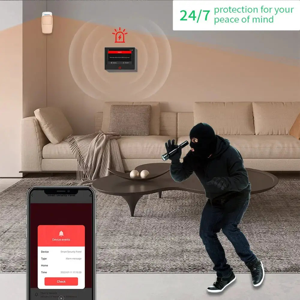 Staniot 7-inch wireless home alarm system by Simples Market with wall panel, 115dB siren, and smartphone alerts