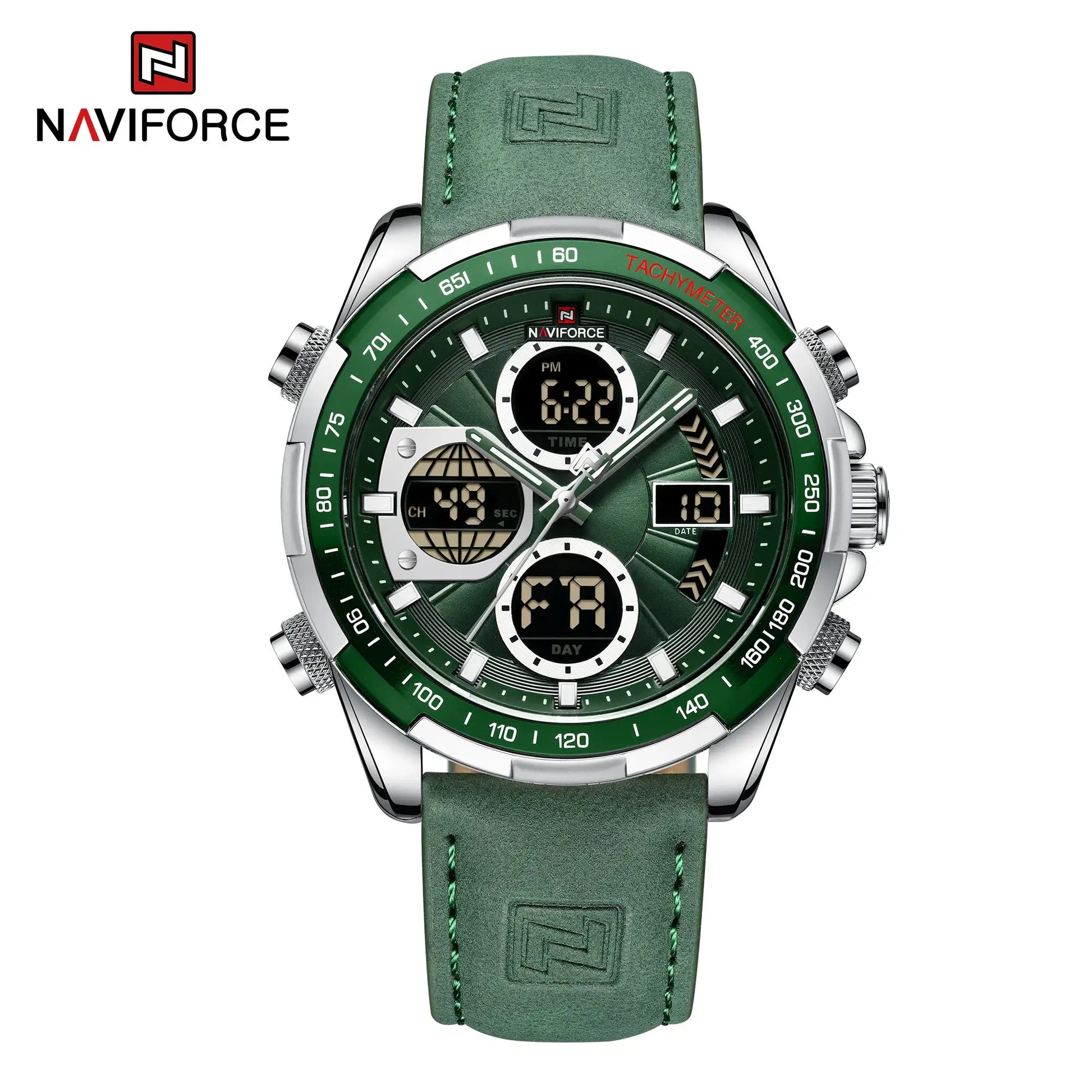 NAVIFORCE men's green leather-strap chronograph watch with tachymeter bezel