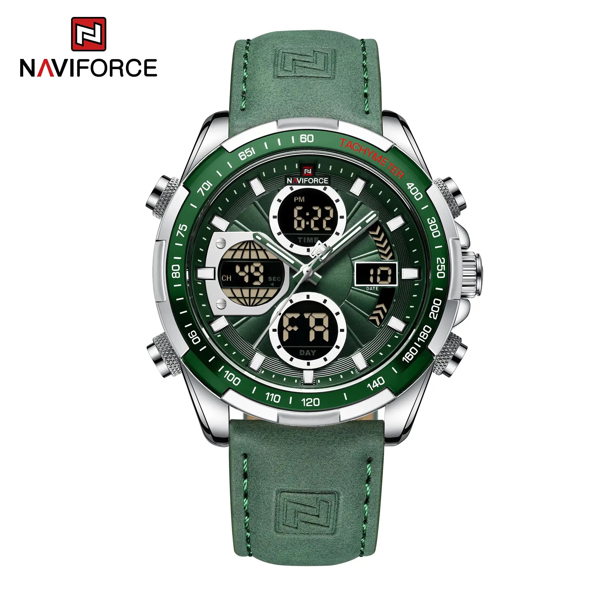 NAVIFORCE men's green leather-strap chronograph watch with tachymeter bezel