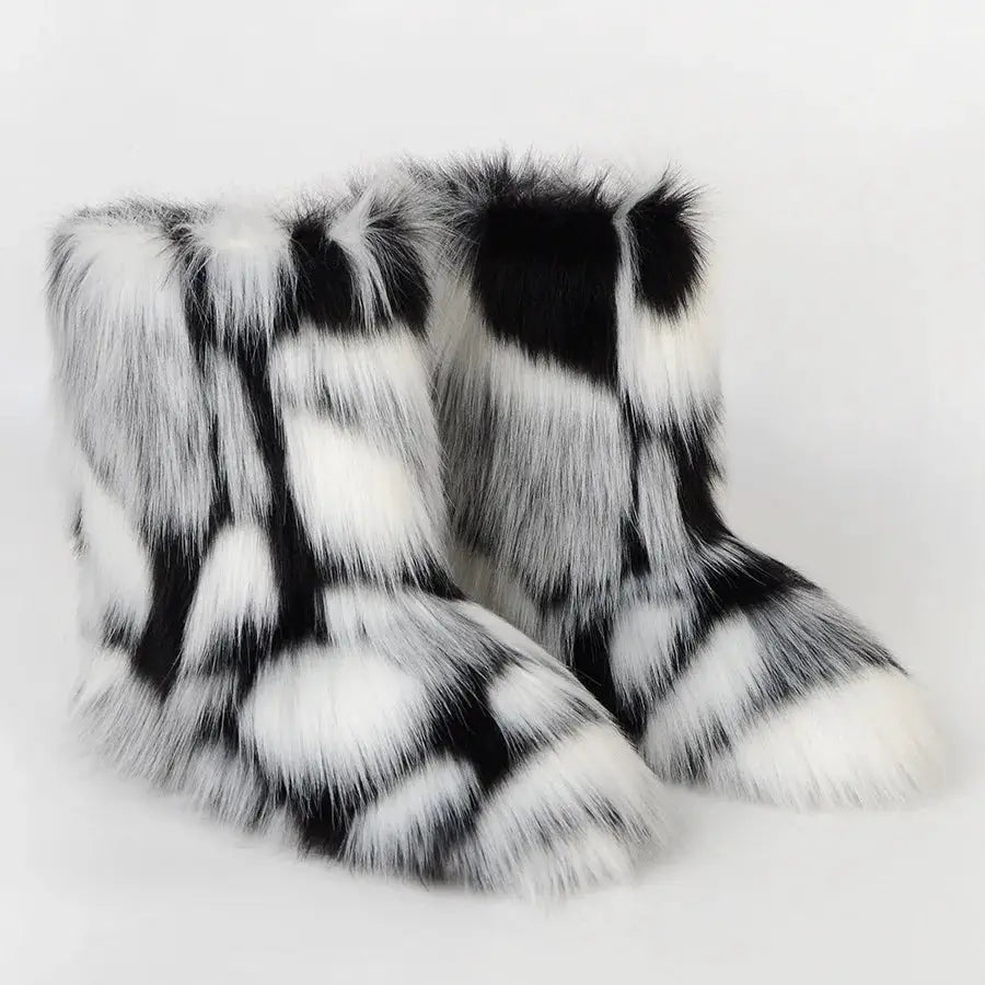 Women's Winter Snow Boots With Plush Faux Fox Fur Mid Calf Warm Platform Shoes For Cold Weather Outdoor