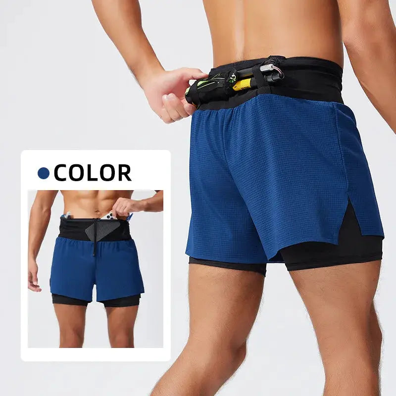 Men's blue double-layer running shorts with black inner liner, quick-dry breathable outdoor sports.