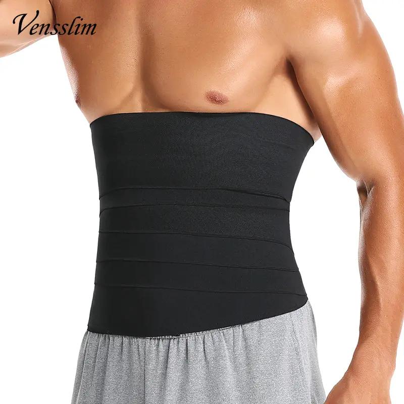 Slimming body shaper waist trainer wrap for men, black neoprene; VensSlim logo visible
