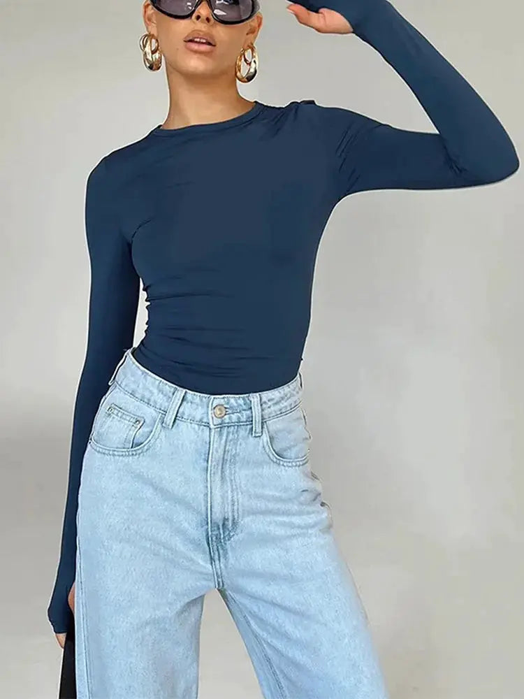 Women's Long Sleeve Crew Neck Crop Top With Thumb Holes Slim Fit Streetwear Daily Summer Camis