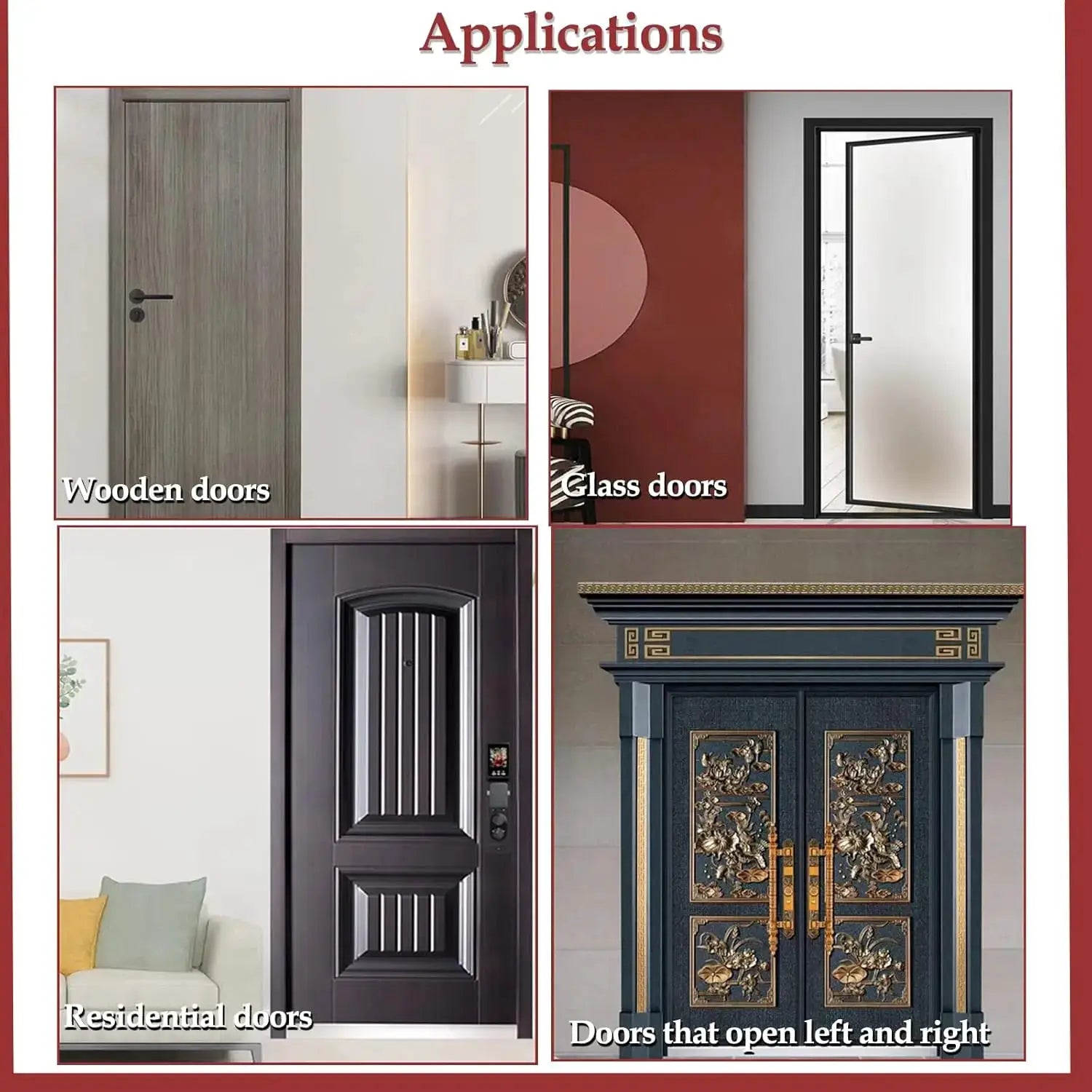 Punch-free automatic sensor door closer; collage shows four door styles: wooden, glass, residential, ornate.