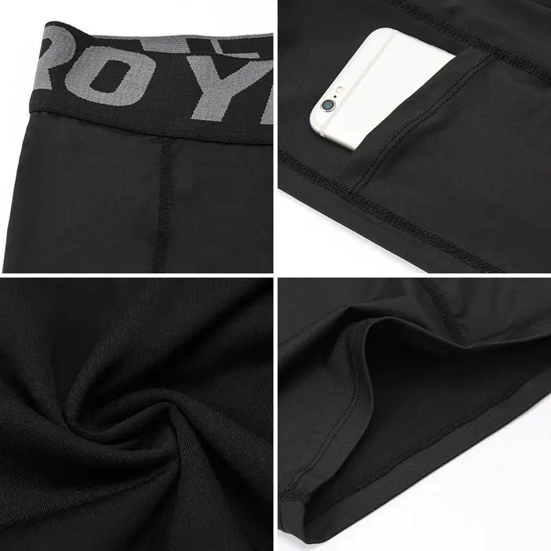 Black men's compression shorts with logo waistband and side phone pocket.