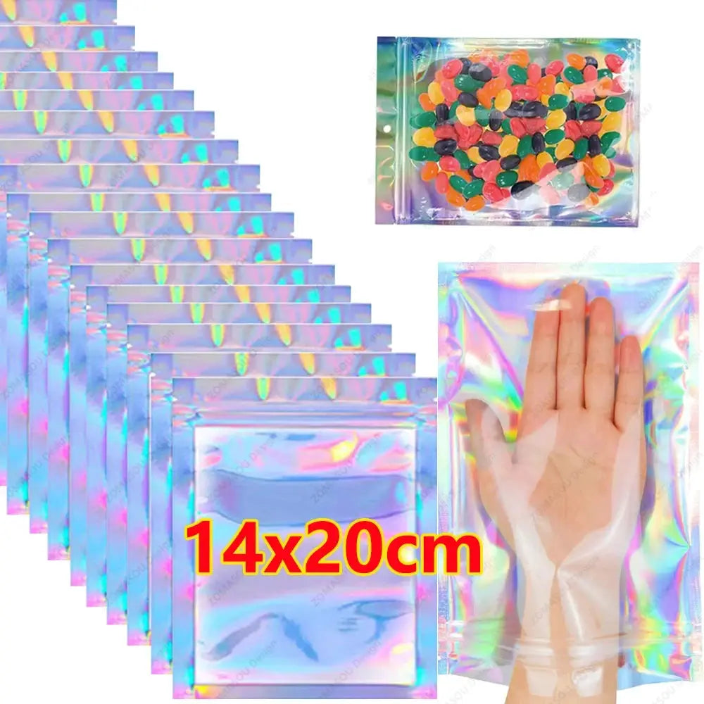 Laser Sealing Bags Holographic Plastic Pouches Resealable For Jewelry Gift Packaging Food Candy Kitchen Storage