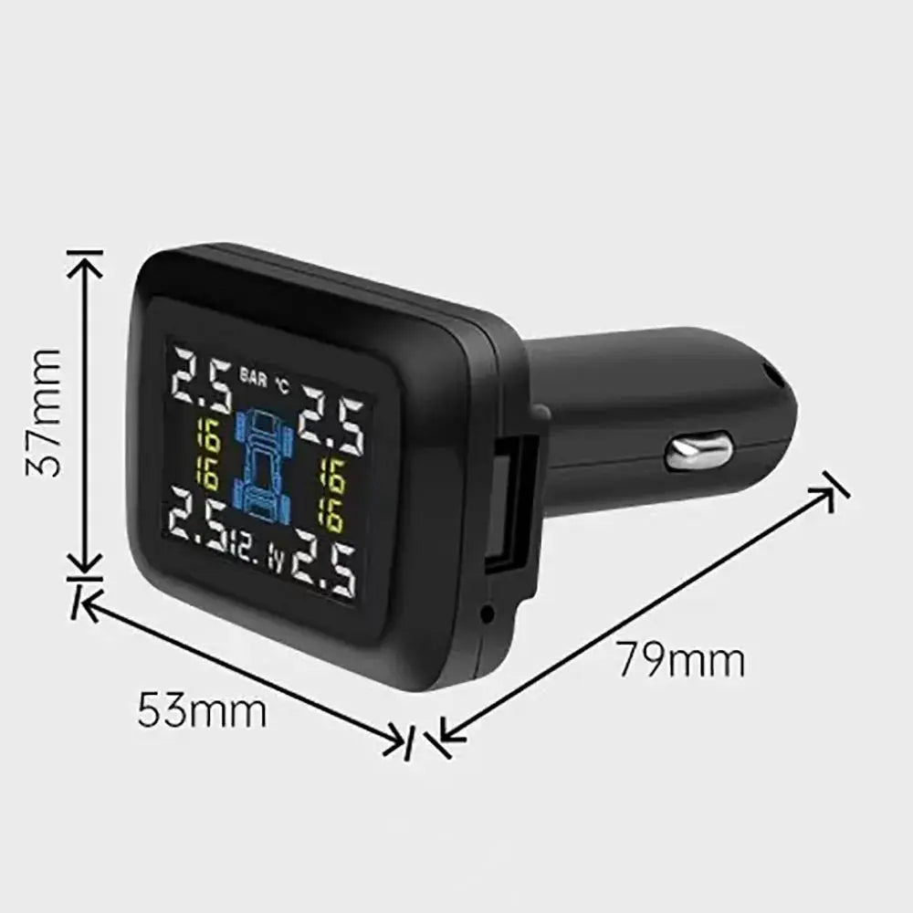 Car TPMS cigarette lighter unit by Simples Market, black with digital tire pressure and temperature display, 4 sensors
