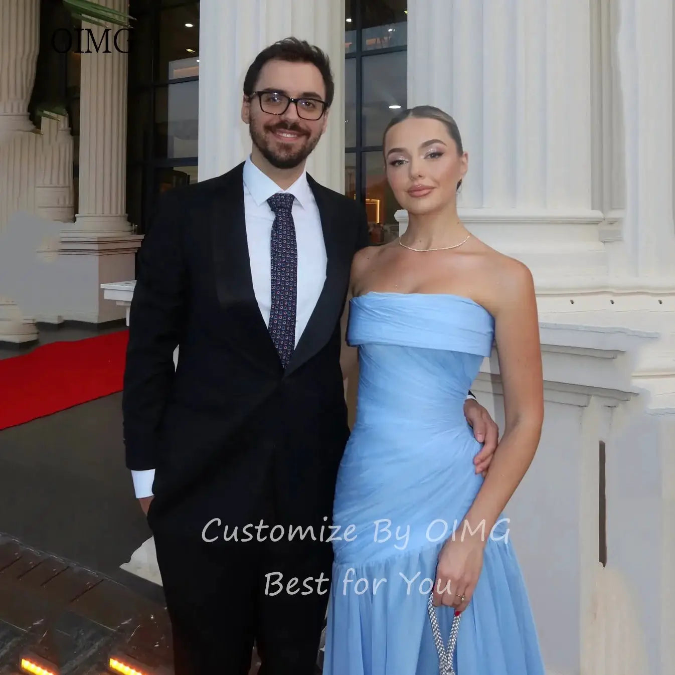 OIMG Maxi Strapless A Line Prom Gown Pleated Floor Length Dress