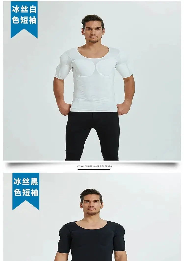 Men body shaper undershirt with built-in muscle pads by Simples Market; white and black versions shown.