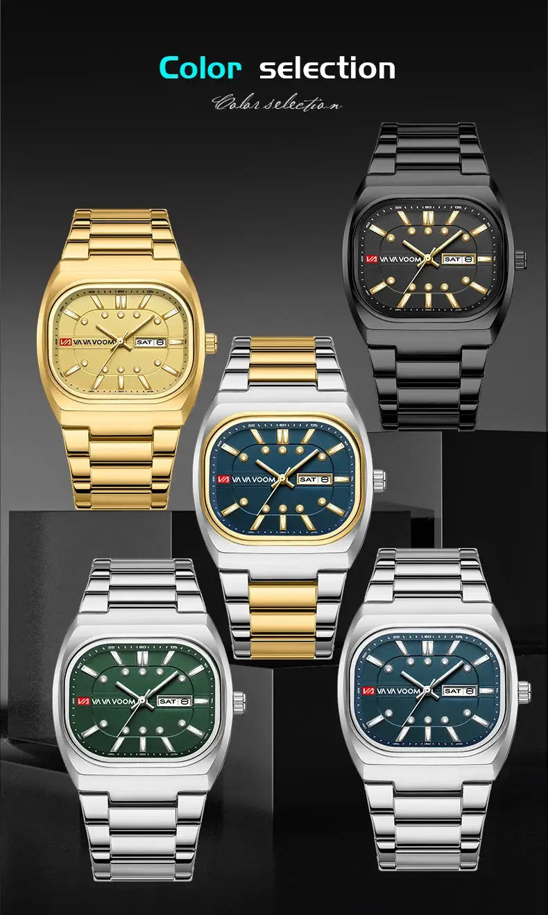 Five men's 40mm square quartz watches in gold, silver, black, green, and blue with stainless steel bands