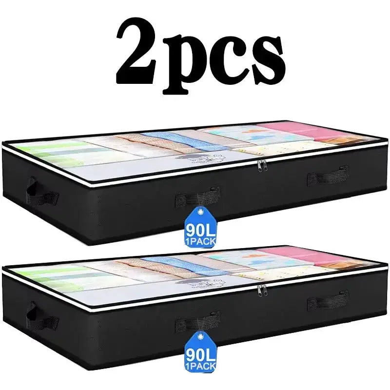 2-pack black non-woven underbed quilt storage bags with clear lids, foldable organizers