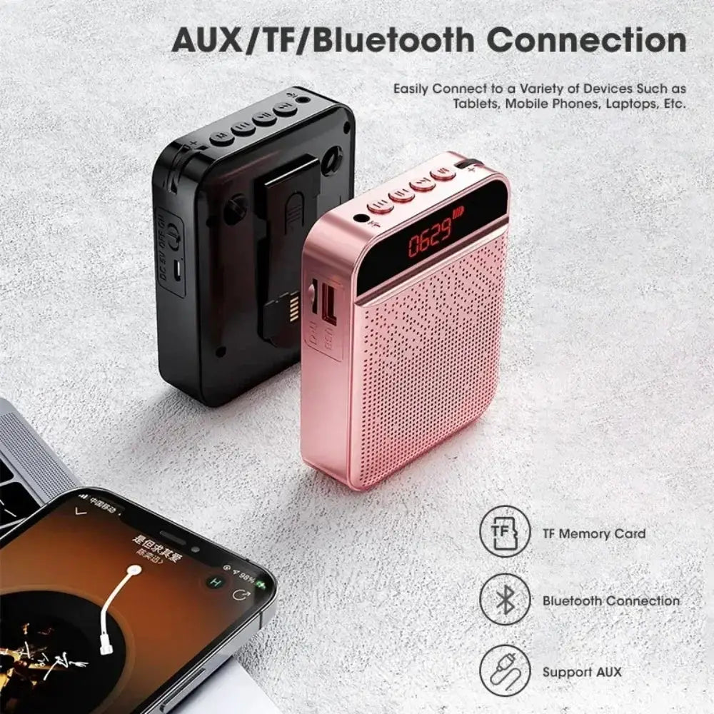 XIKCU portable voice amplifier set with two units: pink and black, includes microphone; Bluetooth/TF card support.
