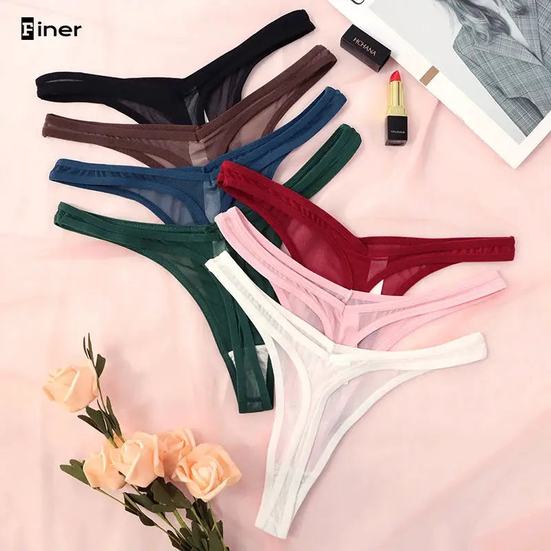 Seamless thongs for women in a multicolor mesh set; soft translucent T-back underwear, Finer logo visible
