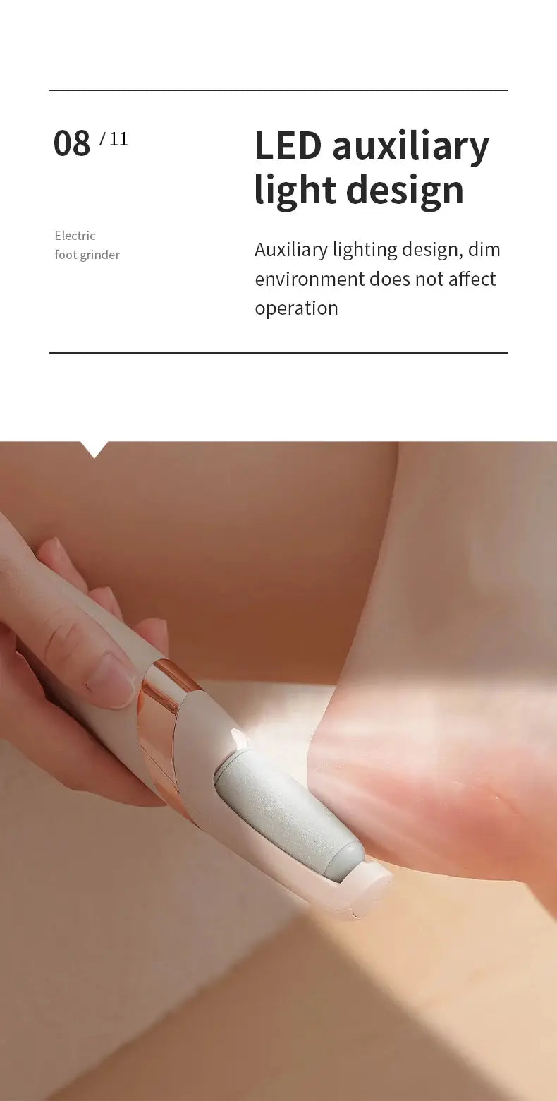 HOMEFISH electric foot grinder with LED auxiliary light, rose-gold accent, used on a bare foot
