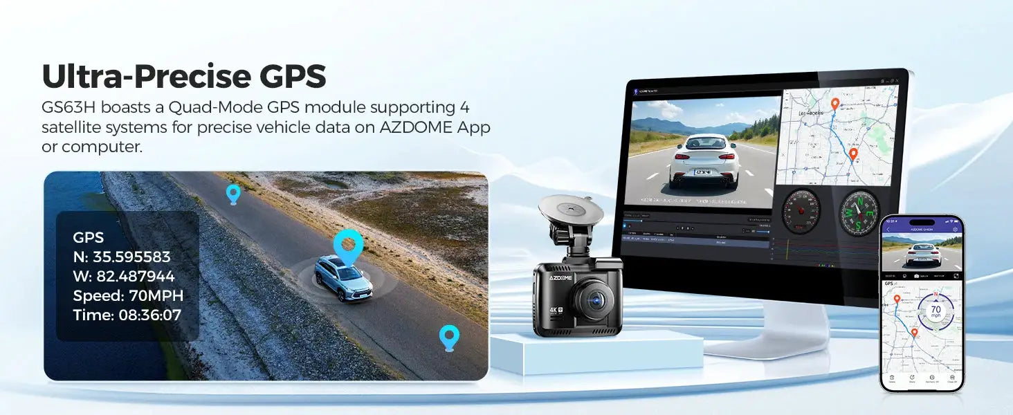 AZDOME Dash Cam GS63H 4K with built-in GPS and 2.4-inch screen; shown with smartphone map and PC monitor