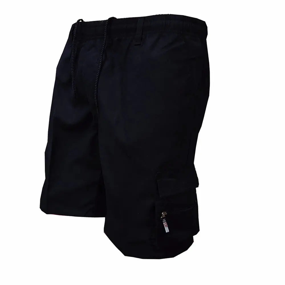 Men's black tactical cargo shorts by Simples Market with drawstring waist and side zip pocket