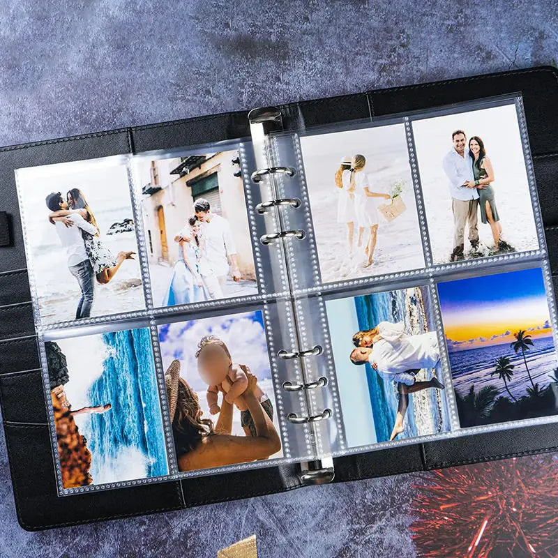 Simples Market A5 PU leather photo binder with six rings and clear sleeves holding six photos