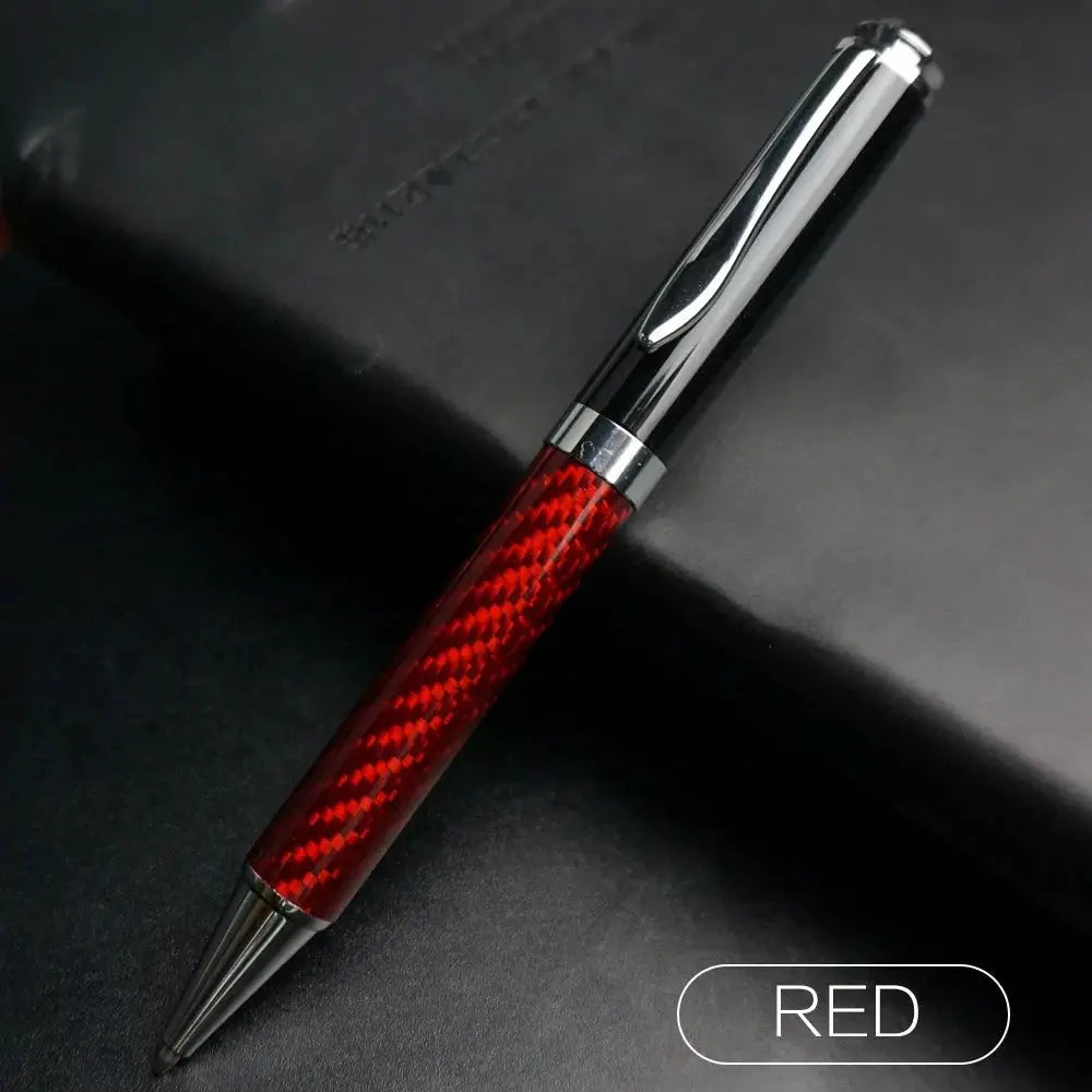 Carbon fiber signature pen by Simples Market, red textured barrel with chrome cap, 0.5mm black gel ink