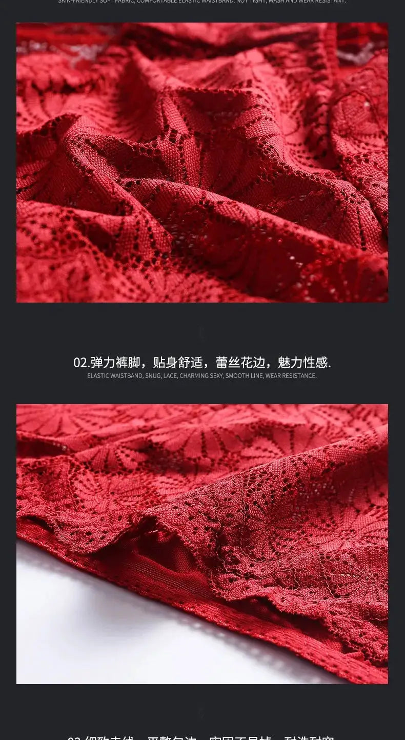 Women's high-waisted red lace underwear with hollowed-out design, plus-size panties